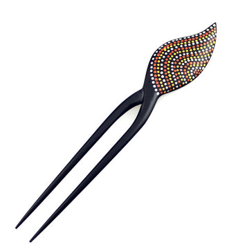 Handmade Thailand Fossilwood 2-Prong Lacquered Gold Dots Hair Stick